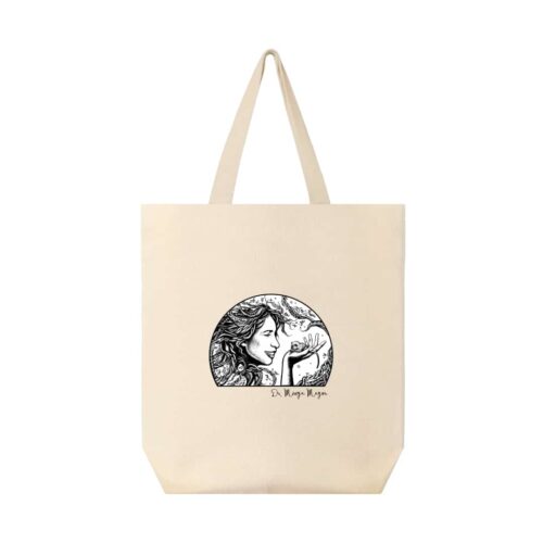 Tan twill tote bag with a black-and-white graphic of Dr. Mireya Mayor holding a mouse lemur and her signature, made for explorers and wildlife enthusiasts.
