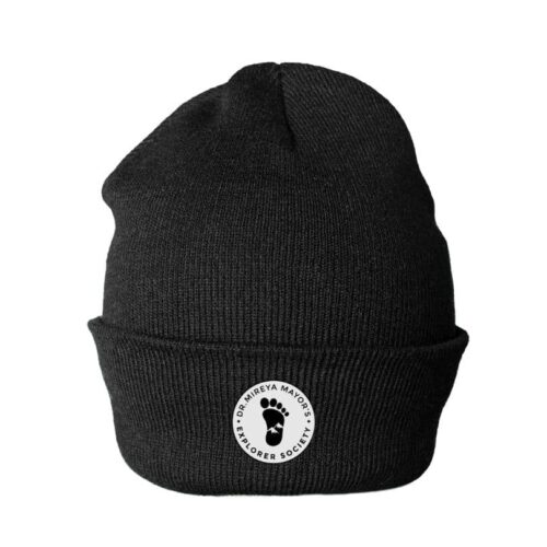 Black knit winter beanie with a circular badge featuring Dr. Mireya Mayor’s Explorer Society logo, perfect for cold-weather adventures.